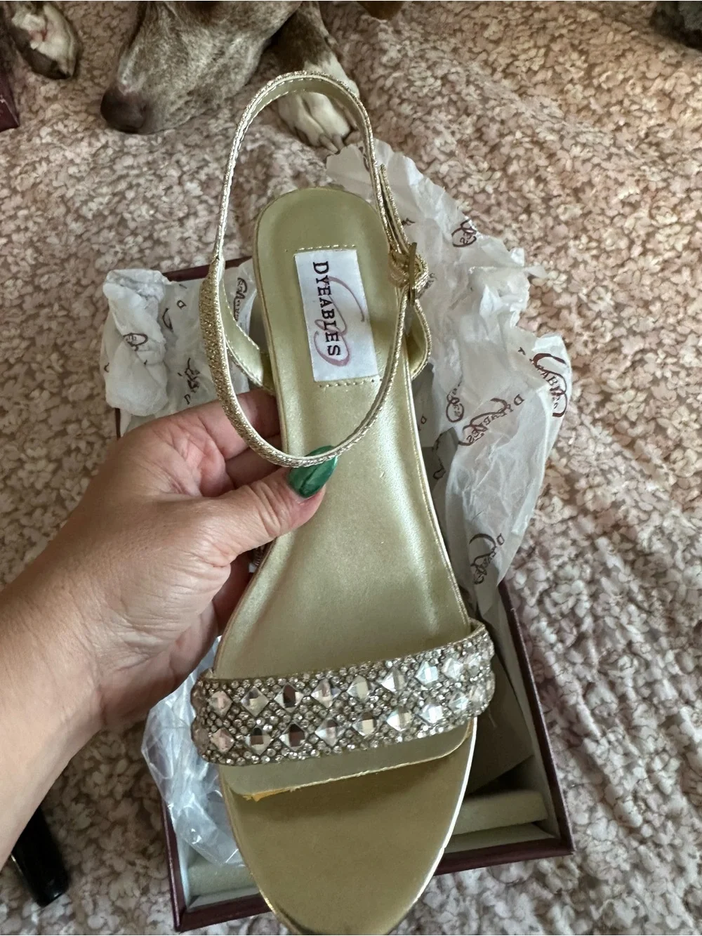 Gold Crystal Strap Dress Heels Dyeables brand size 8 New in Box